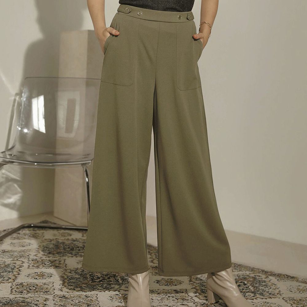 日本 Bou Jeloud - 率性側腰釦設計雪紡寬褲-墨綠
