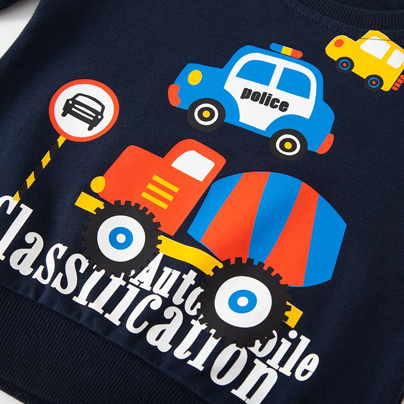 純棉圓領長袖上衣/大學T-水泥車+警車-深藍色
