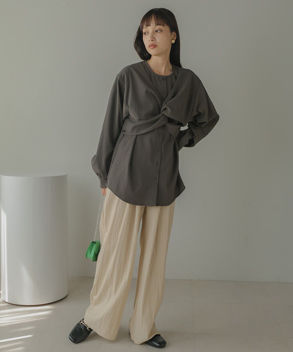 日本 Bab - 時尚扭結設計長袖襯衫-淺綠