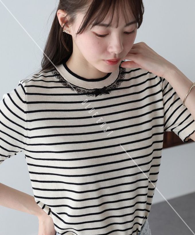 日本 BLUE EAST - 蕾絲蝴蝶結領條紋針織短袖上衣-象牙白