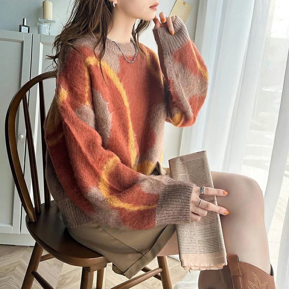 歐風毛絨感波浪印花毛衣-橘x棕
