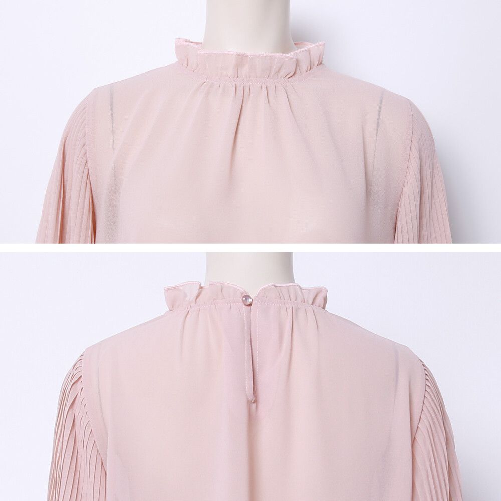 日本女裝代購 - 荷葉滾邊細百摺長袖雪紡上衣-杏