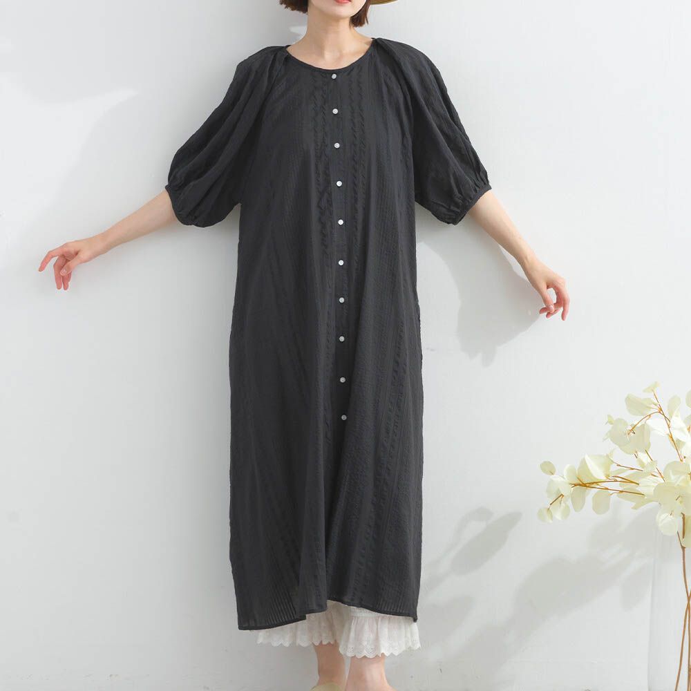 前後2way 印度棉泡泡袖輕盈洋裝-黑