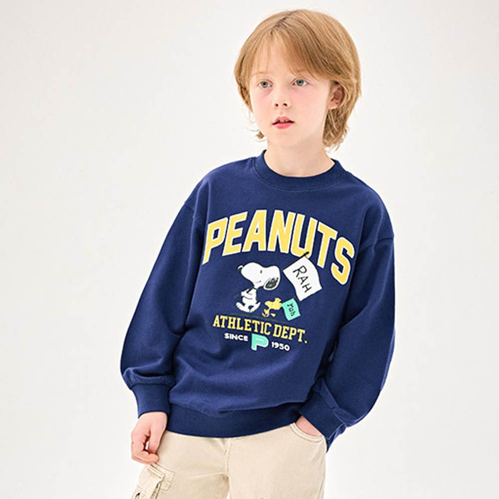 (聯名款)卡通人物史努比舉旗幟長袖大學T-海軍藍