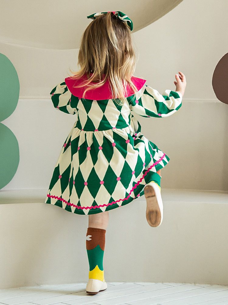 韓國 Pimpollo - 菱格紋撞色翻領洋裝-黃