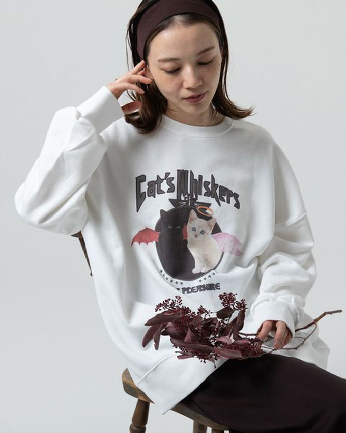 日本 gleam - 裏毛寬版天使惡魔貓咪印花大學T-深藍