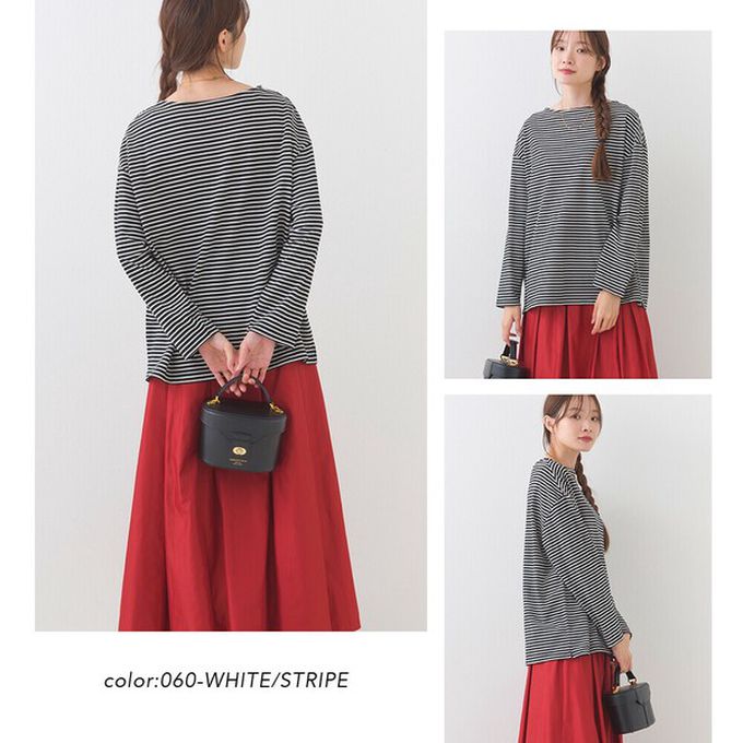 日本 OMNES - 100%棉 經典款細條紋長袖上衣-白底紅條紋