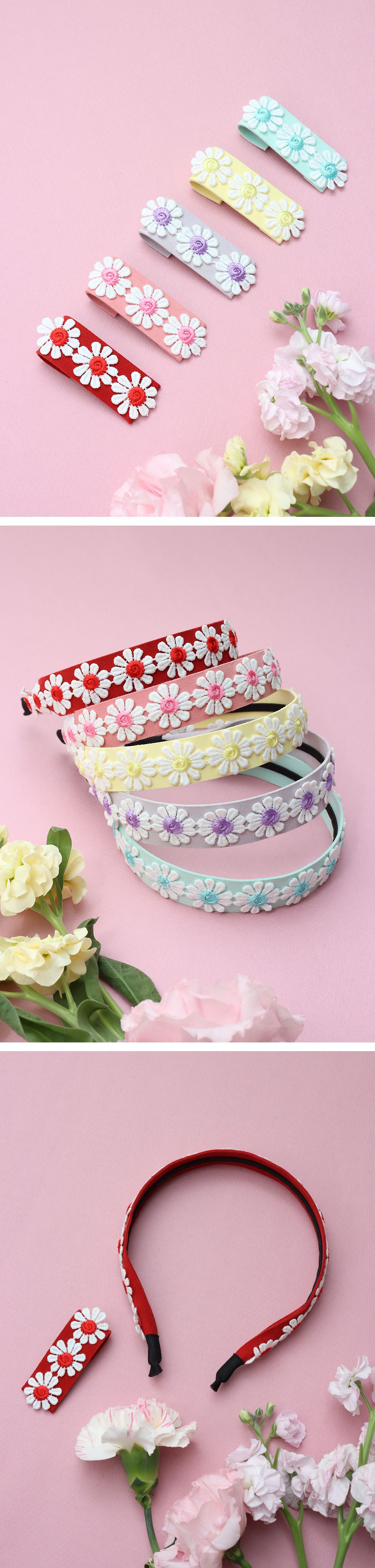 韓國 Bimbo Bimba - 刺繡花朵髮箍髮夾2入組-紫