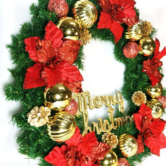 MODACore 摩達客 - 摩達客耶誕-24吋浪漫朵朵聖誕花豪華綠色聖誕花圈福臨圈(紅金系)(台灣手工藝製/免組裝) 本島免運費