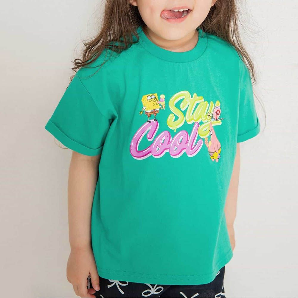 聯名款 美式卡通海綿寶寶印花短袖上衣-綠