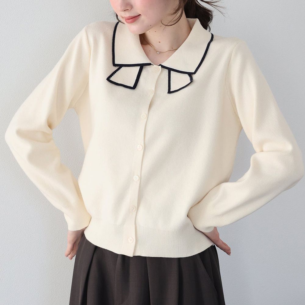 甜美蝴蝶結勾邊領針織上衣開襟衫-象牙白 (M)