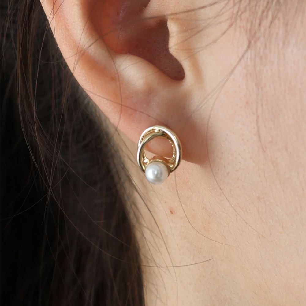 韓國製 弧線珍珠小巧高雅耳環-(耳針)-金
