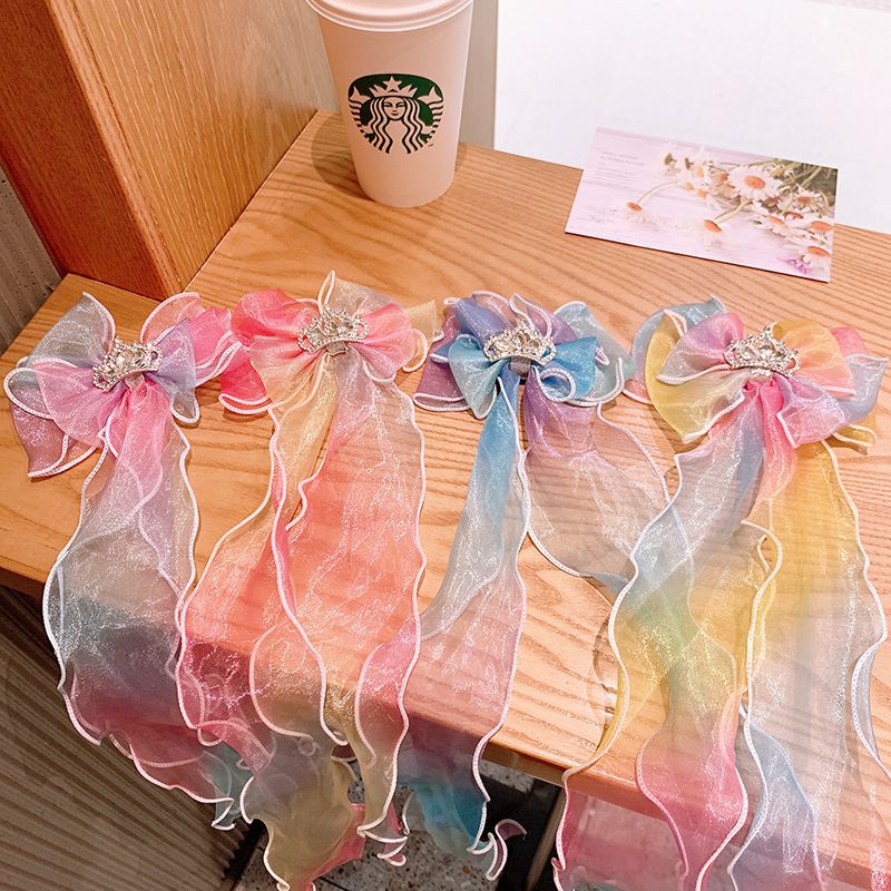 公主風唯美漸層緞帶髮夾-皇冠-藍+紫