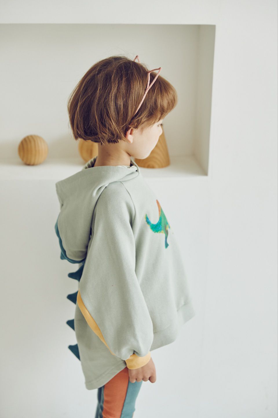 韓國 Mimico - 手繪恐龍立體造型連帽上衣-淺灰綠