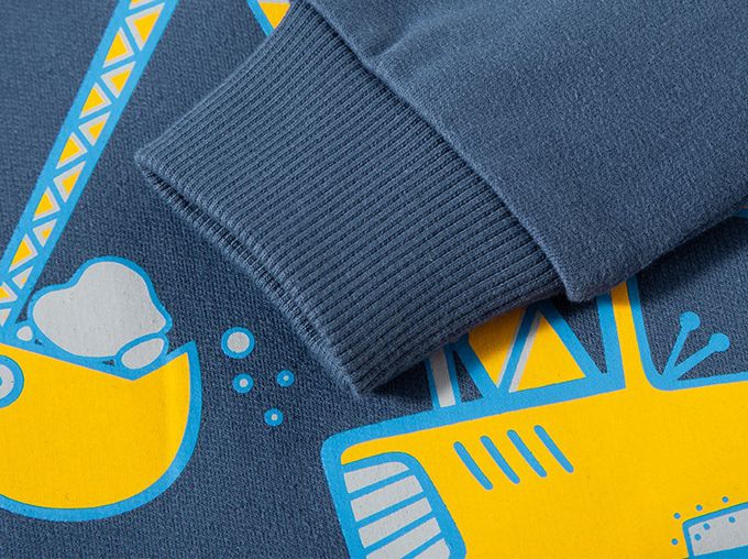 純棉圓領長袖上衣/大學T-小小挖土機-霧霾藍