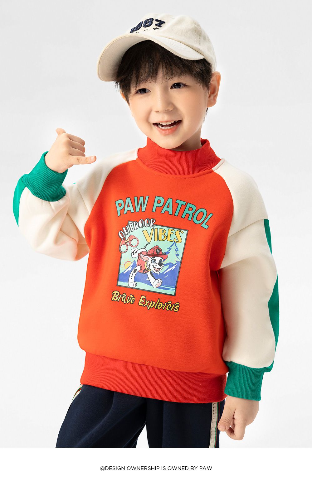 卡通汪汪隊加絨半高領拼接長袖上衣-卡通人物阿奇-深藍+藍