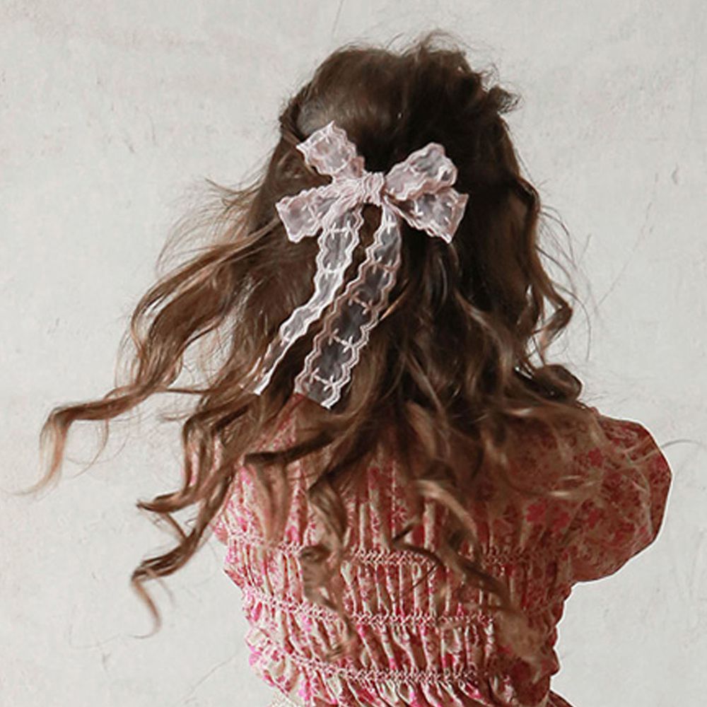 韓國 Puellaflo - 透膚緞帶蝴蝶結髮夾/髮飾-粉紅