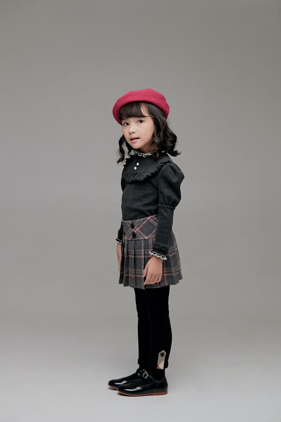 韓國 Coco Bang - 格紋學院風百褶裙-淺灰X粉紅