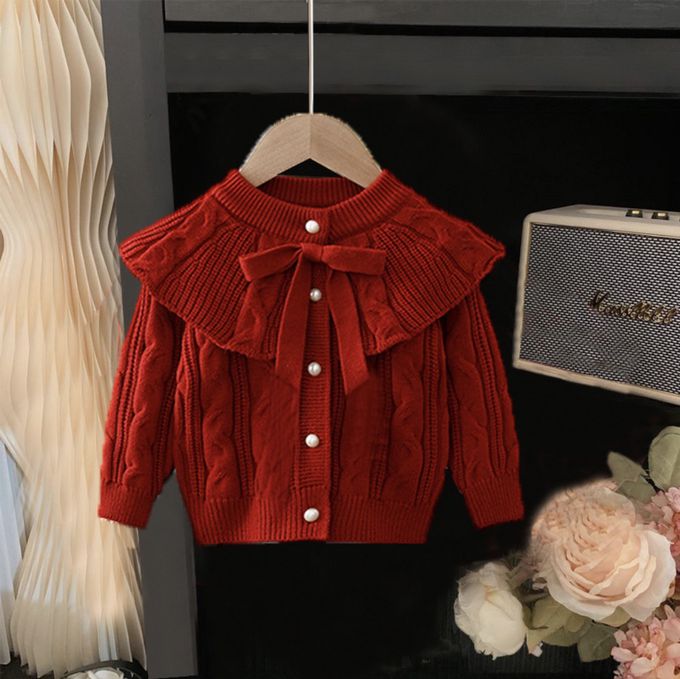 love, charlotte - 歐美系大翻領紅毛線編織仿珍珠釦上衣-紅色