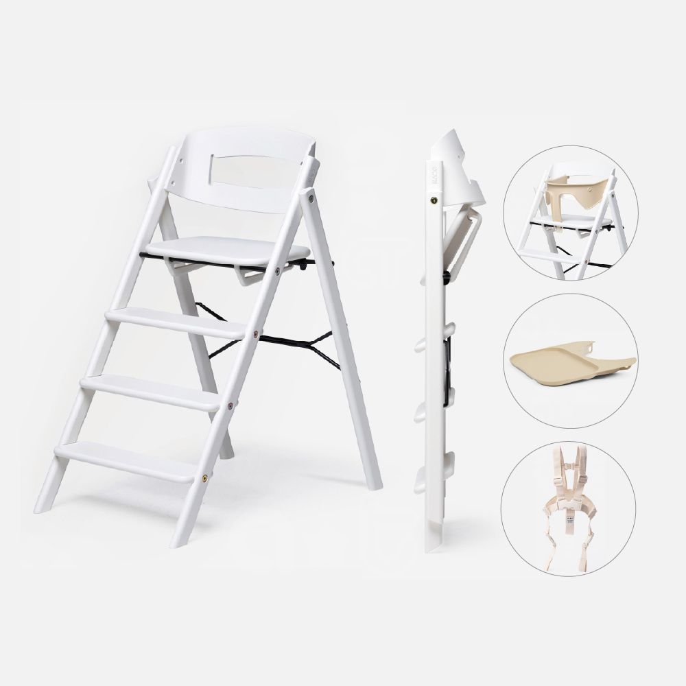 Klapp折疊成長餐椅經典組(經典櫸木)-主體＋護圍＋餐盤+安全帶 (挪威白)