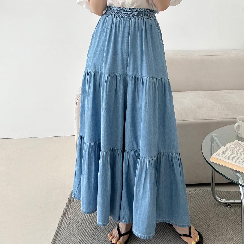 韓國女裝連線 - 鬆緊腰薄丹寧蛋糕長寬褲-淺藍 (FREE)