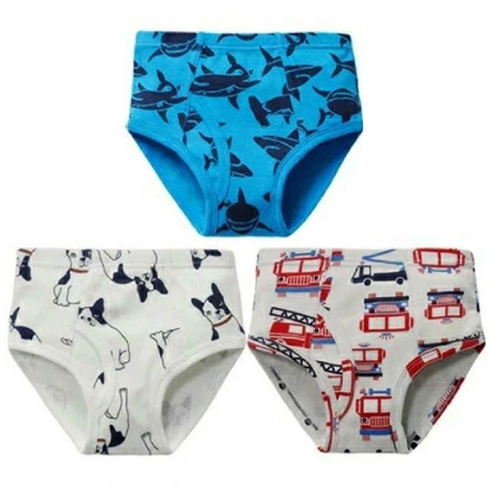 [人氣No.1]純棉透氣男孩內褲(3入)-狗狗x車車x鯊魚-白灰藍