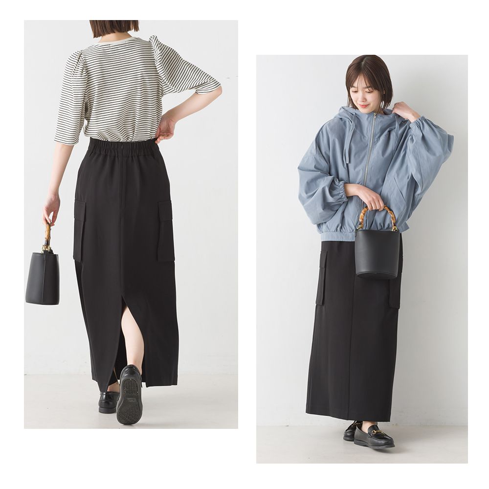 日本 OMNES - 修身後鬆緊側口袋長裙-沙杏