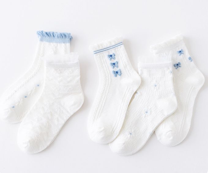 蔚藍蝴蝶結荷葉邊透氣短筒棉襪