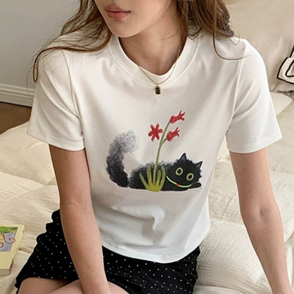 合身正肩短袖上衣-黑貓印花-白 (F)