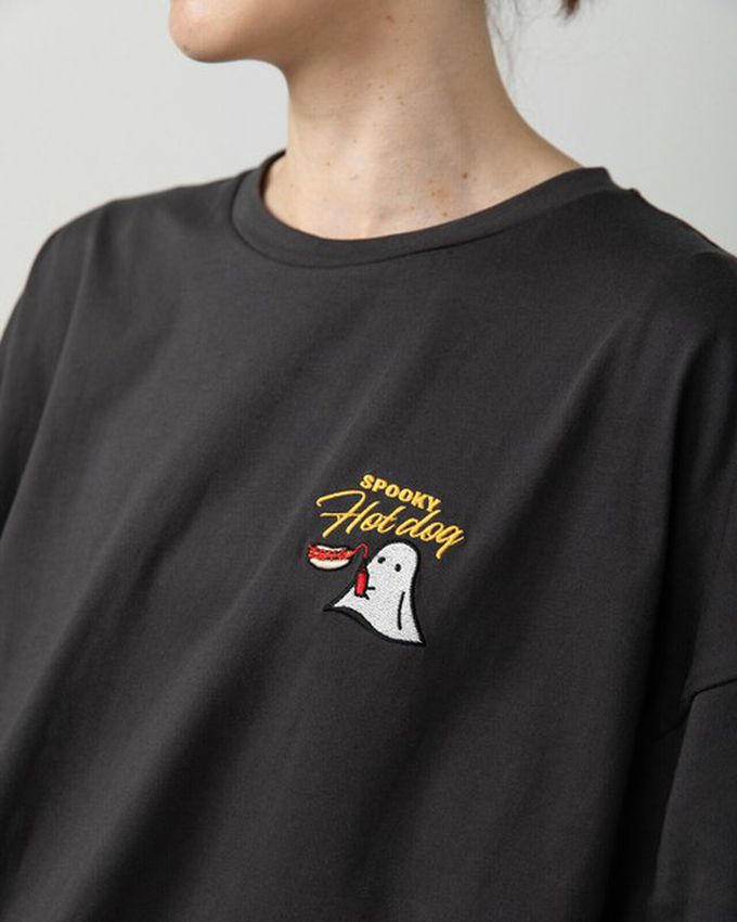 日本 gleam - 幽靈熱狗美式印花寬大風短袖T恤-燕麥灰