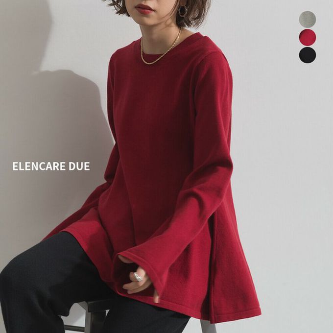 日本 ELENCARE DUE - 成熟傘擺腰線針織長袖上衣-灰