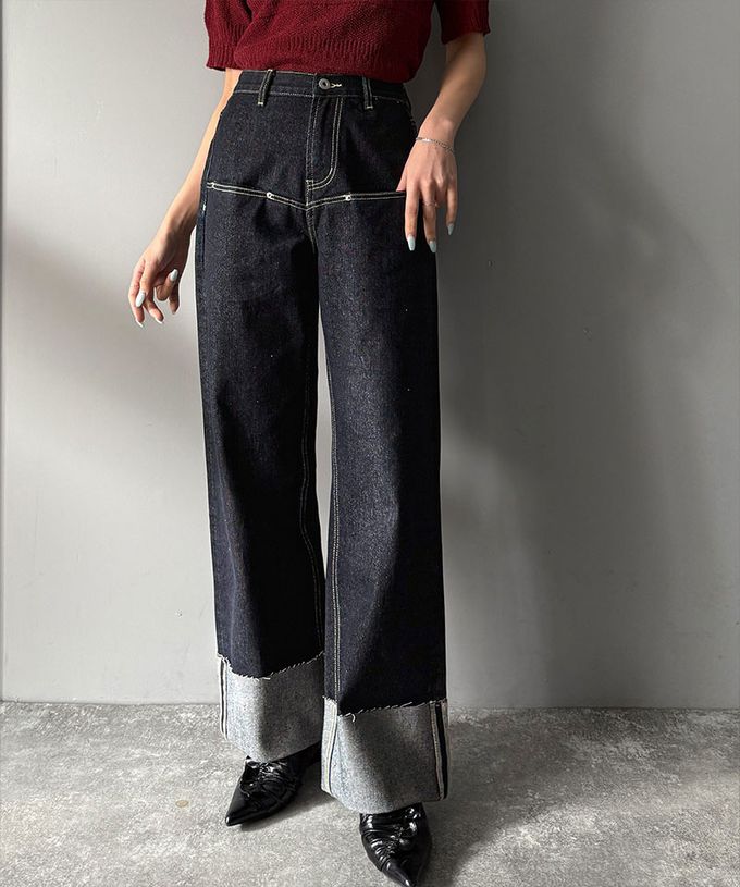 日本 Classical Elf - Java 時尚大反摺修身丹寧寬褲-淺藍