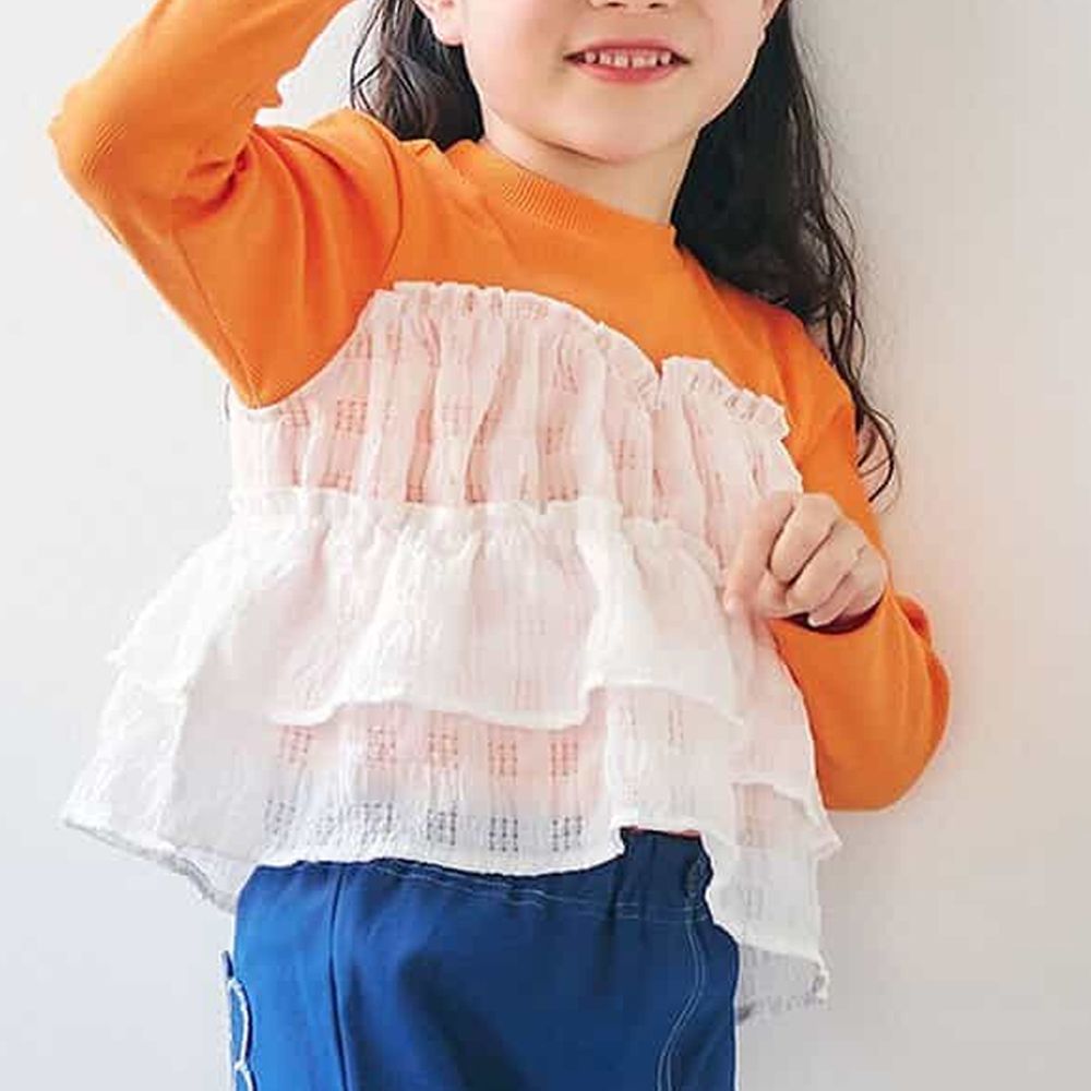 時尚拼接皺摺格紋長袖上衣-橘x白