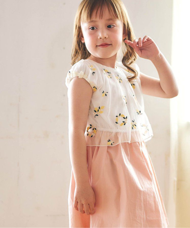 日本 apres les cours - 可愛檸檬刺繡分層短袖洋裝-海軍藍