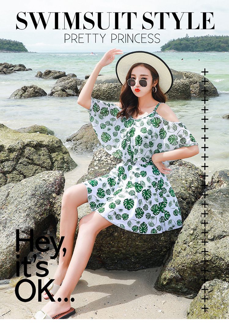 清新印花修身顯瘦遮肉連身裙泳裝-滿滿小葉子-綠+白