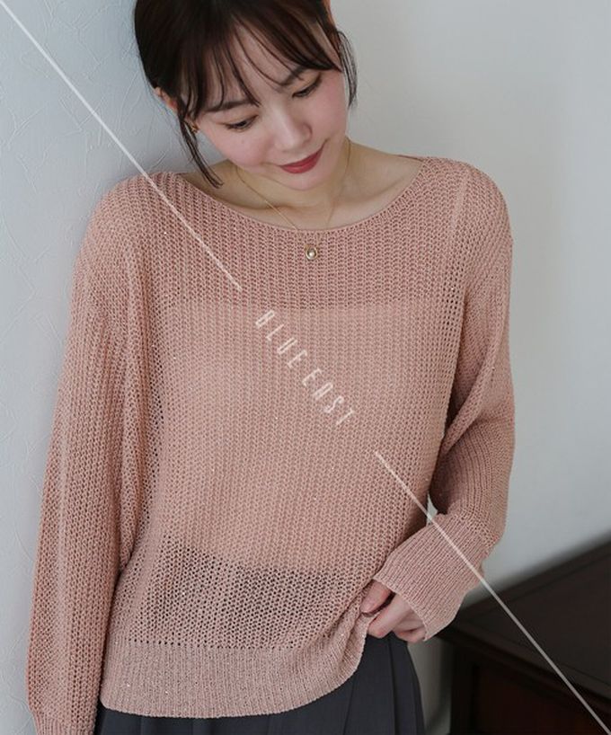 日本 BLUE EAST - 典雅船領閃爍亮片網眼針織上衣-藍