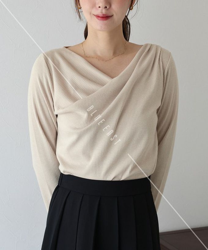 日本 BLUE EAST - 顯瘦V領垂墜感羅紋長袖上衣-深咖啡