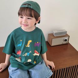 韓國 Peanuts House - 手繪小恐龍短袖上衣-墨綠