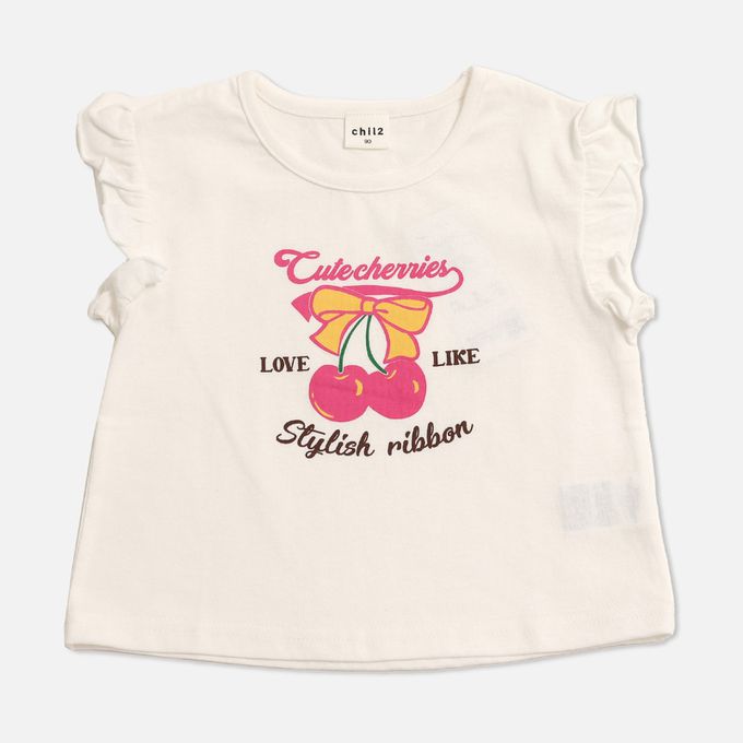 日本 Chil2 - 100%棉 荷葉邊女孩印花短袖上衣-蝴蝶結貓貓-白