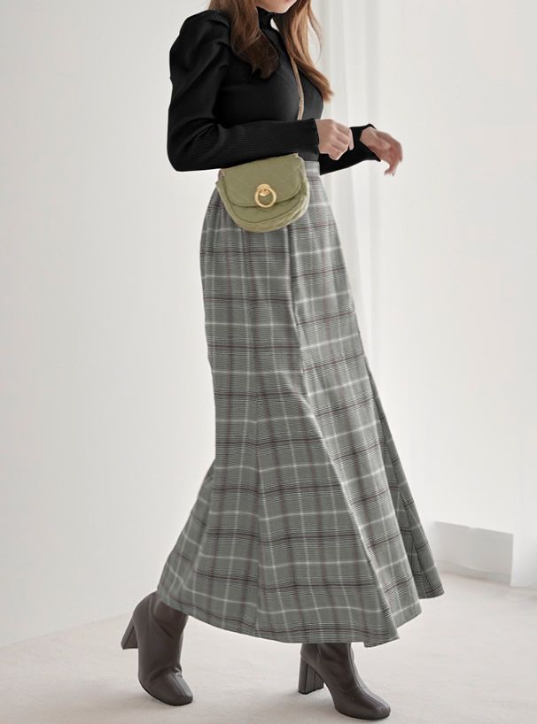 日本 GRL - 格紋魚尾裙-咖啡