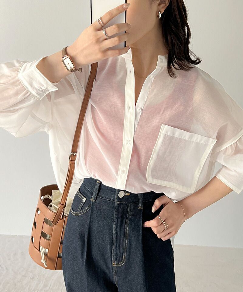 日本 Classical Elf - 優雅滾邊透膚感長袖襯衫-水藍