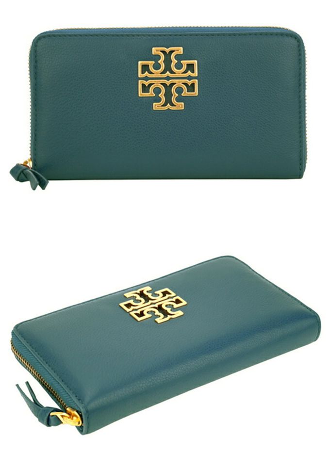 TORY BURCH - 雙T-LOGO皮革拉鍊長夾 (深綠)