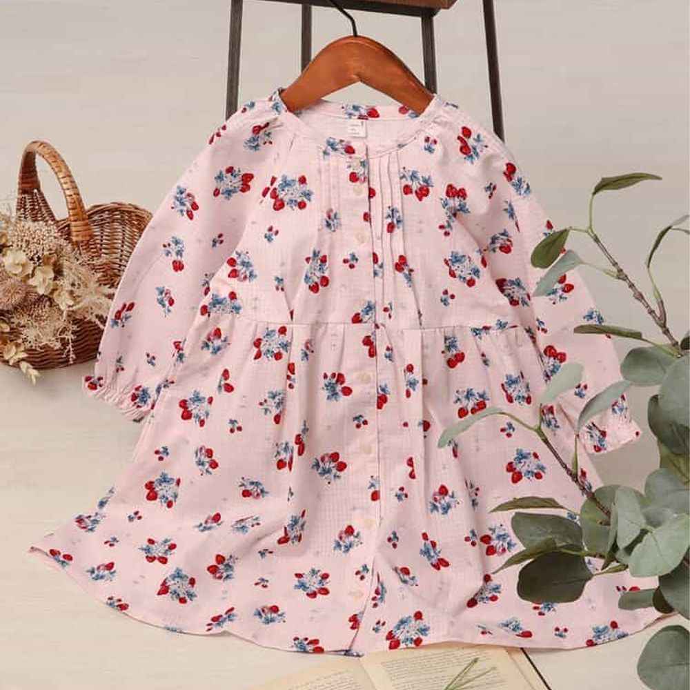 氣質注目款開襟圓領長袖洋裝-草莓粉紅