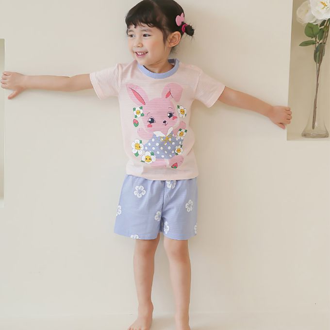 正韓 Puco - 超優質嬰幼兒/兒童短袖100% 有機棉家居服/睡衣-兔子花花