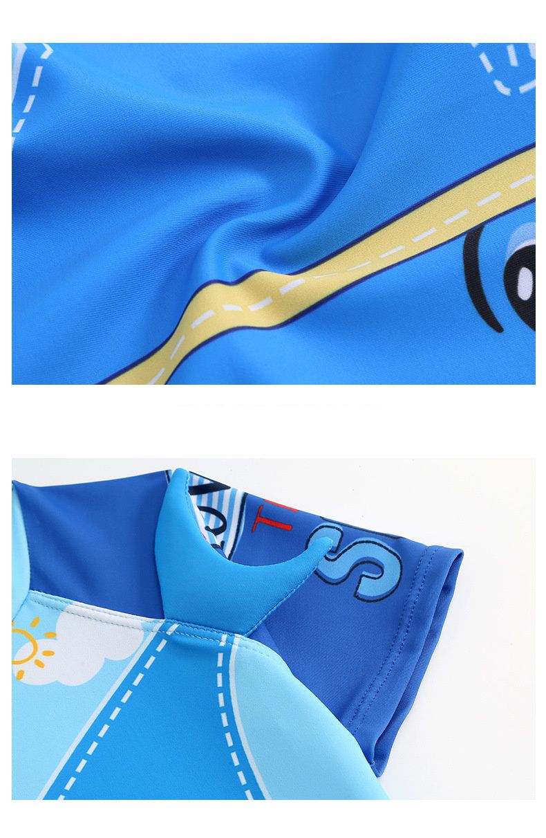 男寶童趣卡通圖短袖泳衣套裝(三件組)-潛水鯊魚-藍色-泳帽、泳衣、泳褲