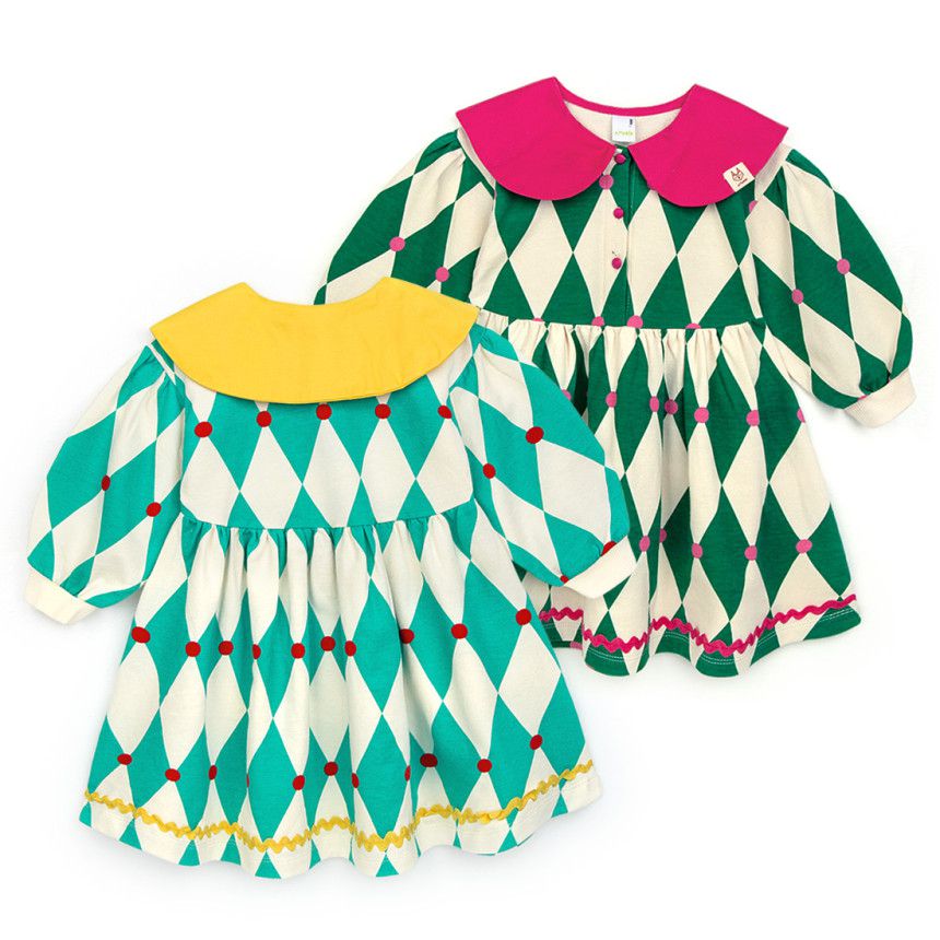 韓國 Pimpollo - 菱格紋撞色翻領洋裝-黃