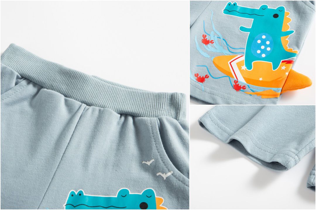 純棉休閒短褲-衝浪鱷魚-淺藍色