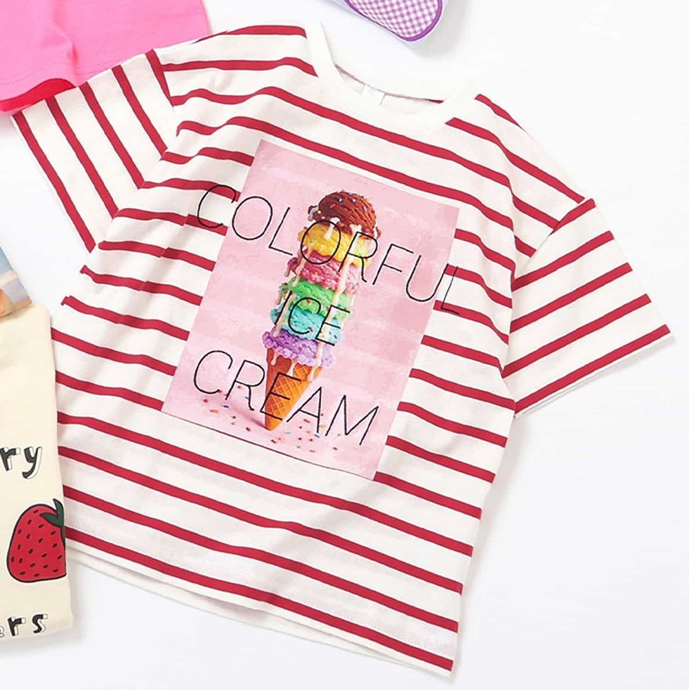 夏日風情女孩短袖上衣-冰淇淋-紅x條紋