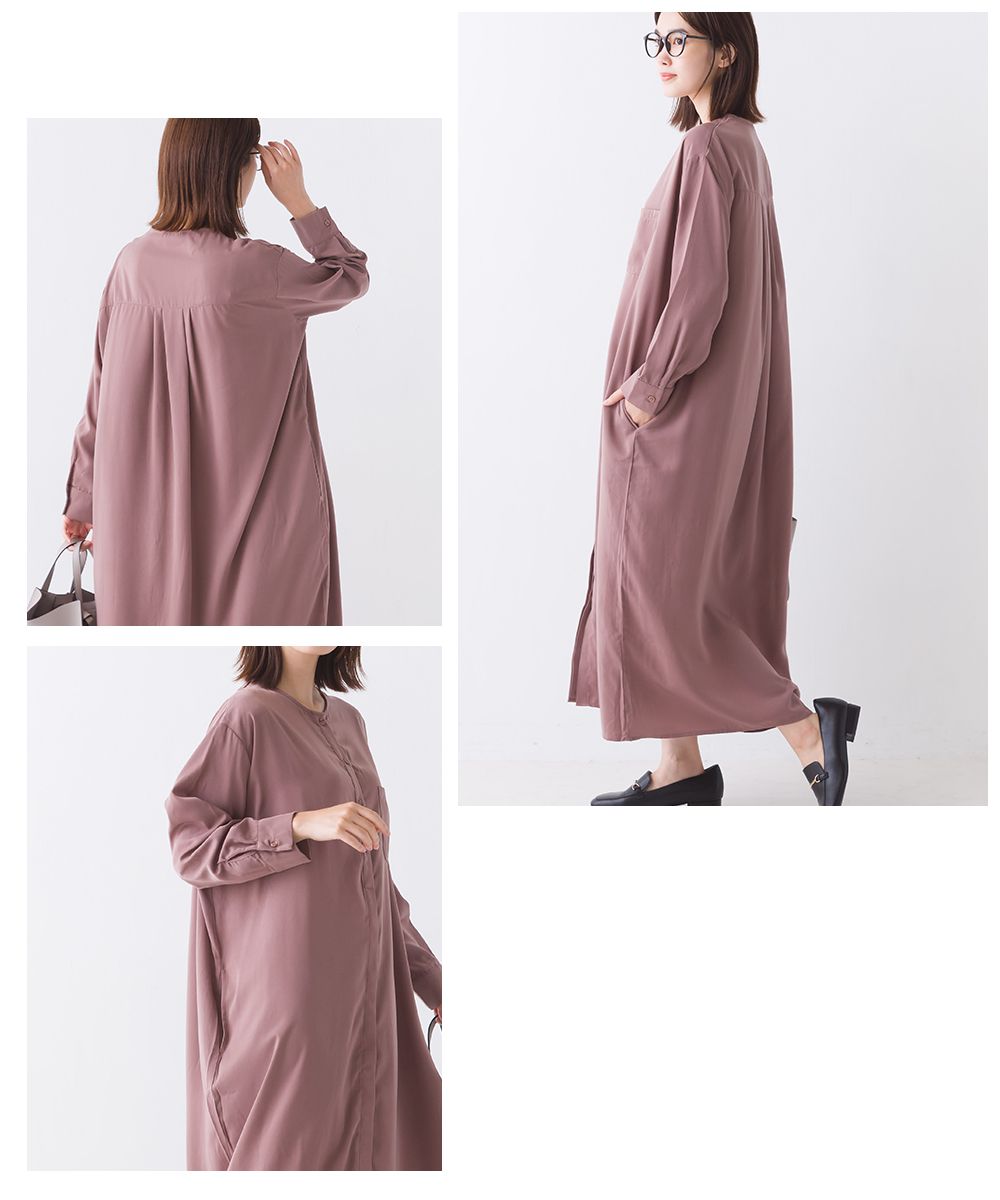 日本 OMNES - 低調光澤休閒薄長袖洋裝-淺米杏