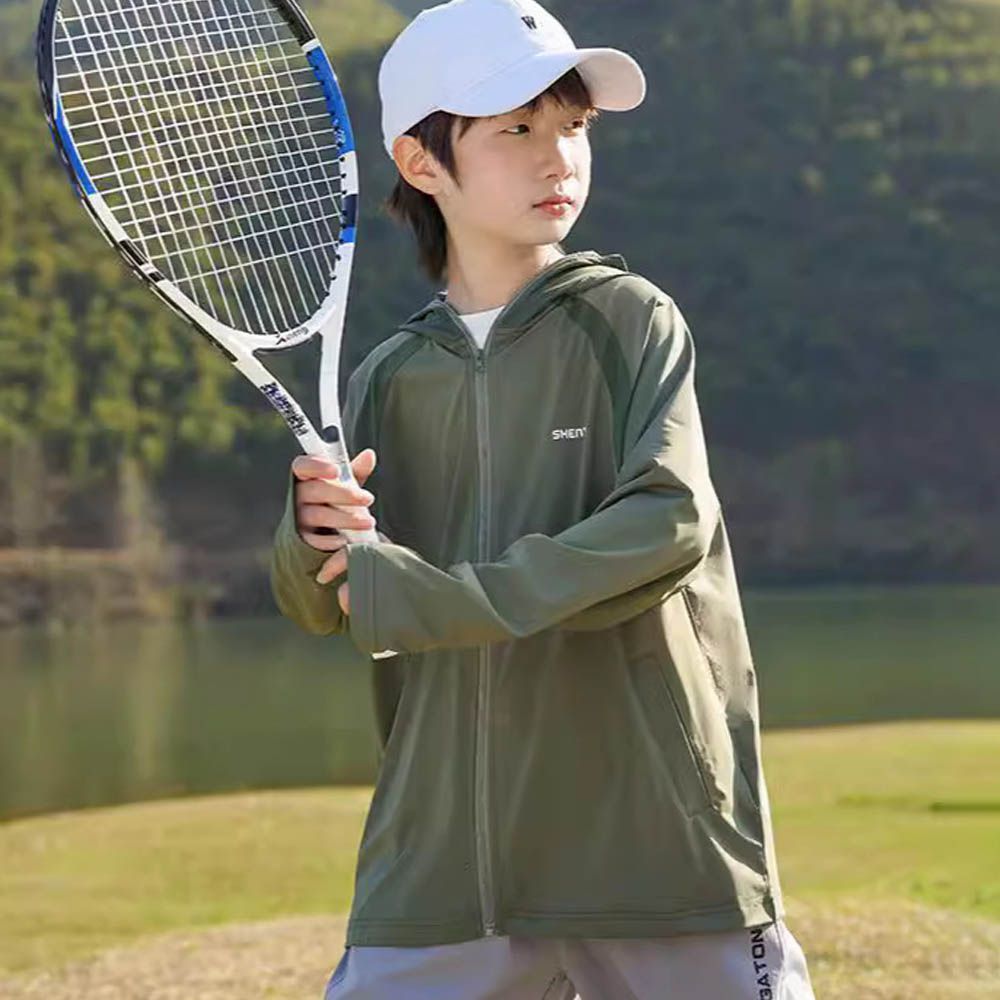 UPF50+原紗防曬連帽外套-拼接網眼-綠色